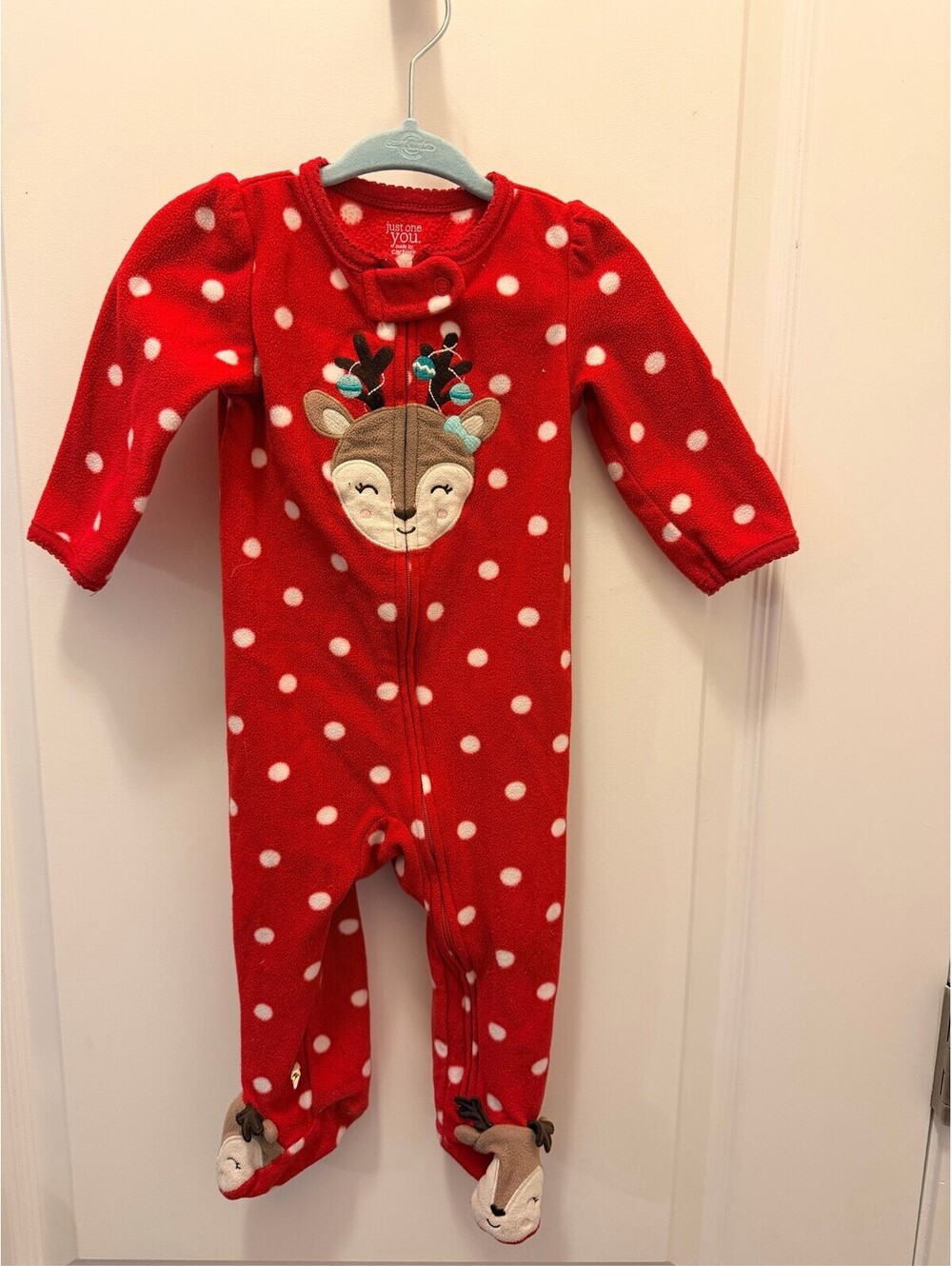 Carter's Just One You Baby Red Polka Dot Reindeer Fleece Footed Pajamas 9mo